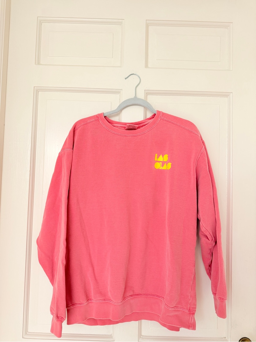 Women's Coral Crewneck Sweatshirt with Yellow Chest Logo